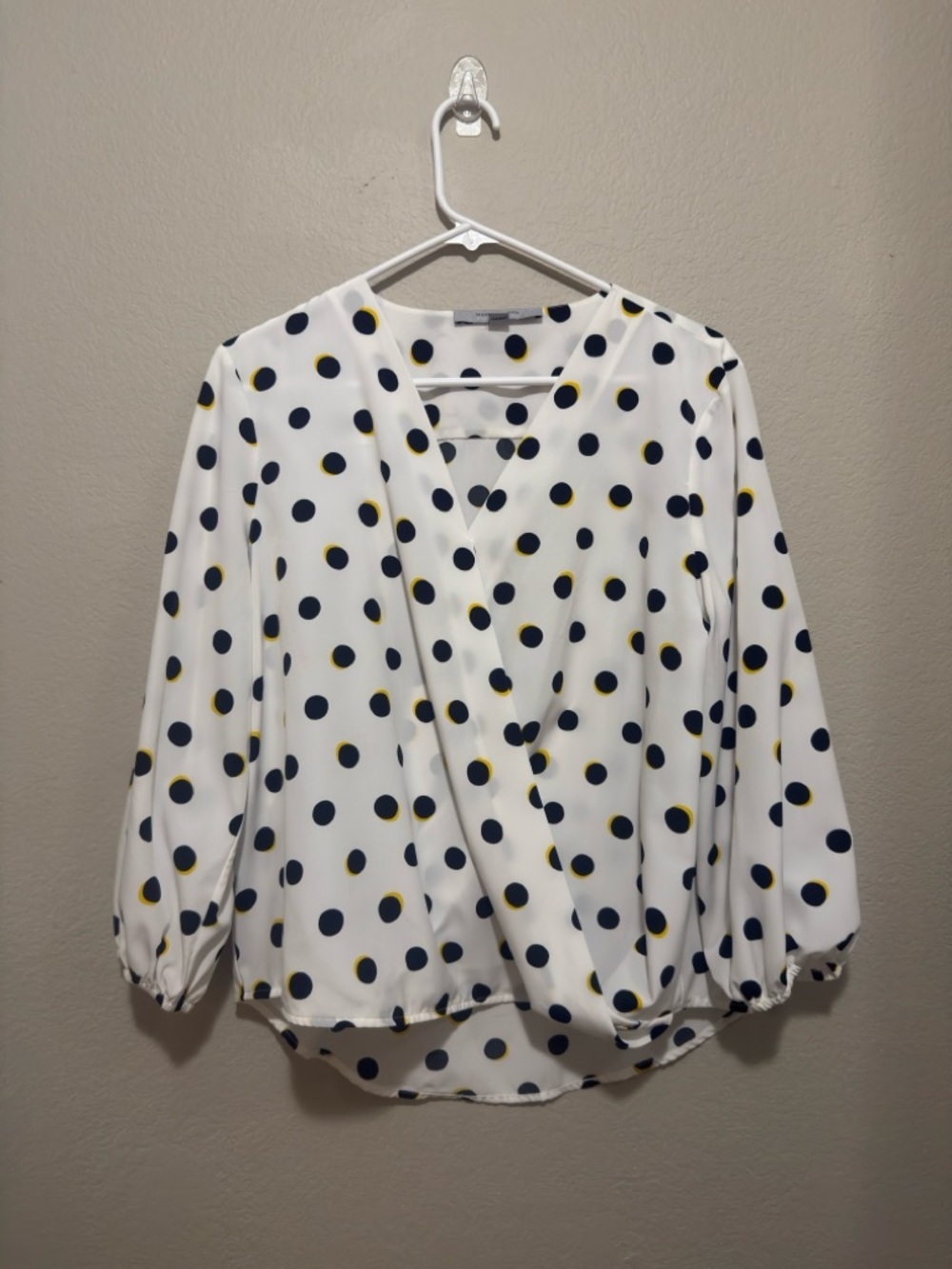 Polka Dot Wrap-Front Blouse in White with Navy and Yellow Dots